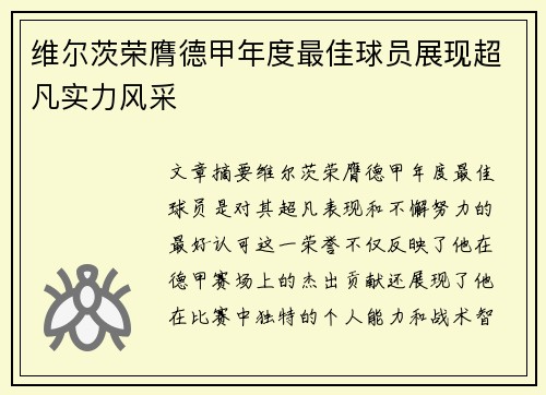 维尔茨荣膺德甲年度最佳球员展现超凡实力风采