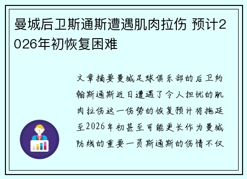 曼城后卫斯通斯遭遇肌肉拉伤 预计2026年初恢复困难 曼城后卫斯通斯遭遇肌肉拉伤 预计2026年初恢复困难